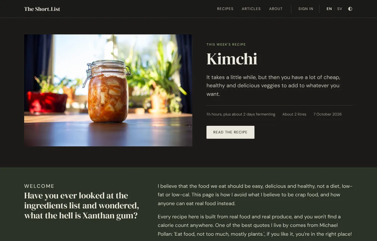The Short List home page in dark mode: featured recipe Kimchi