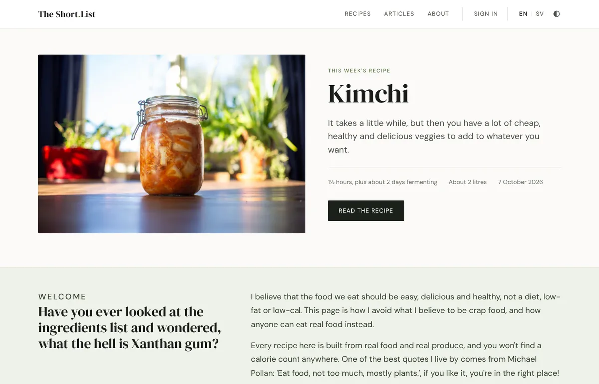 The Short List home page in light mode: featured recipe Kimchi